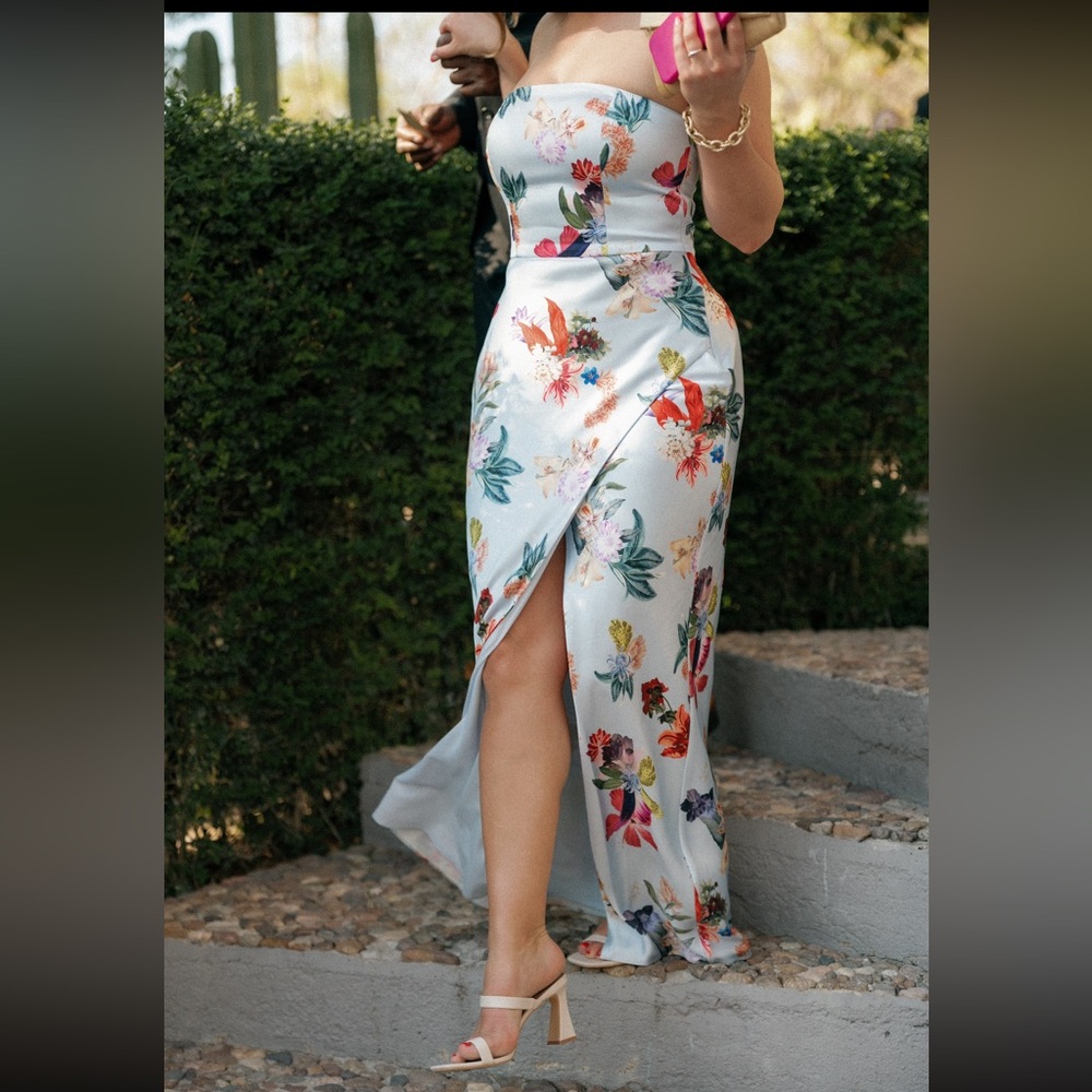 BHLDN AVIANNA STRETCH SATIN STRAPLESS SIDE-SLIT MAXI DRESS